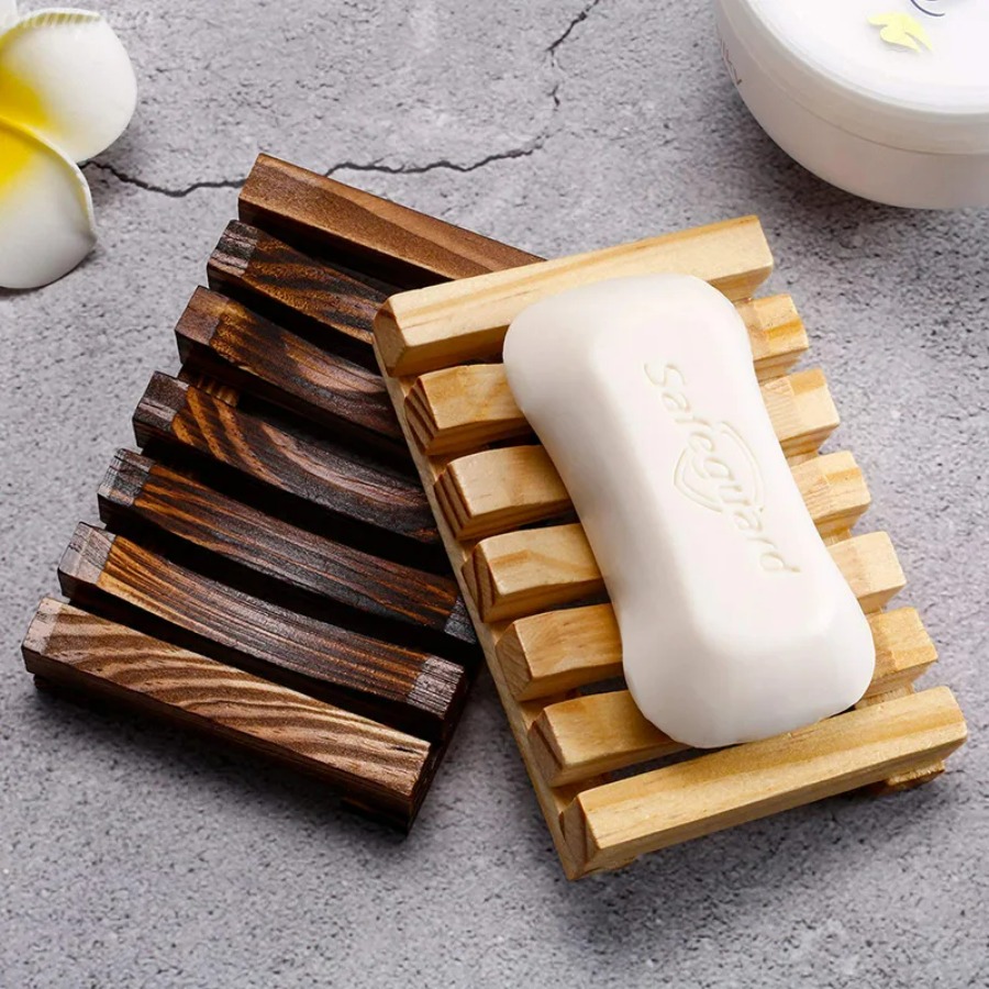 Home Essentials Bathroom Rack - Natural Bamboo Soap Holder, Wooden Draining