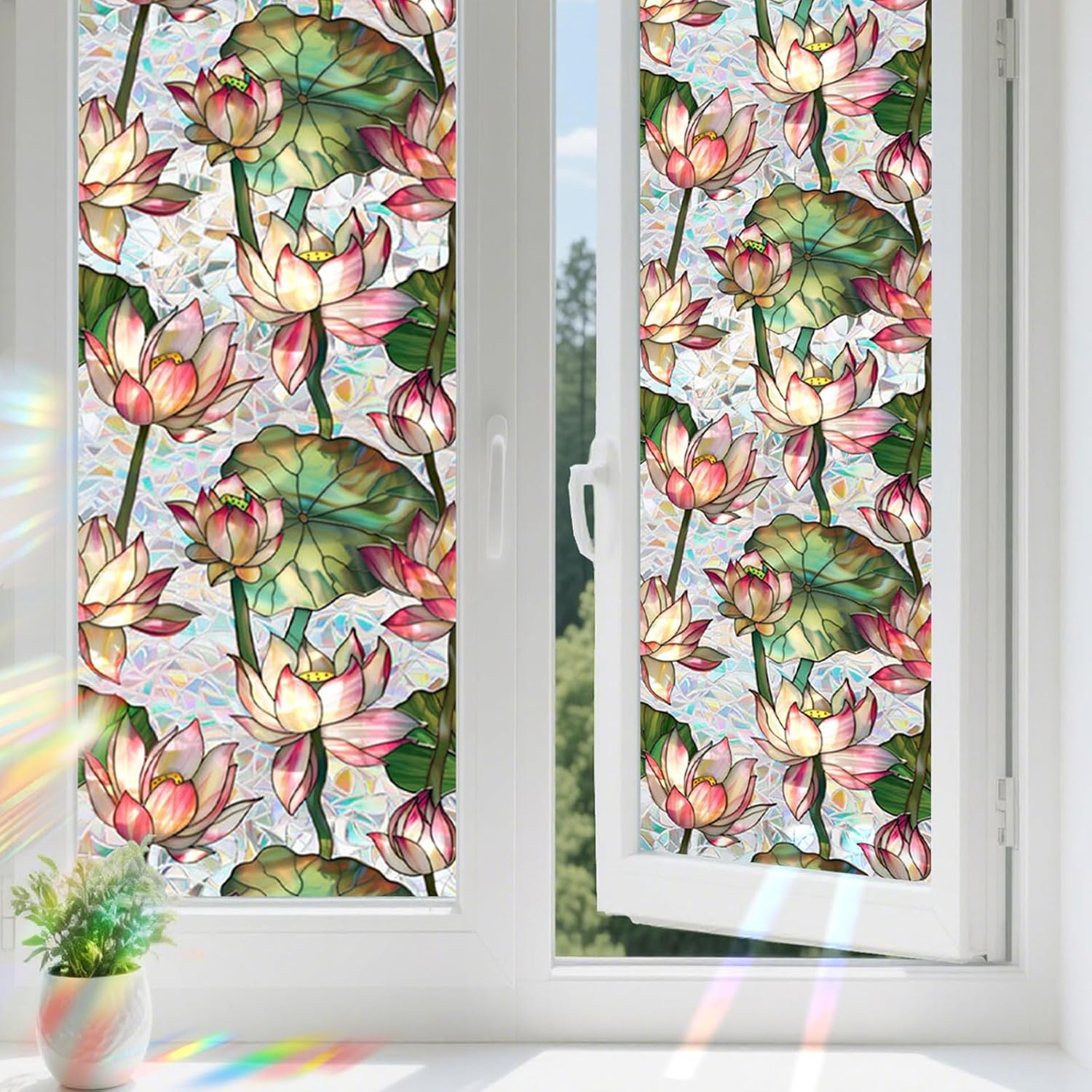 Rainbow Lotus Stained Glass Wi - Home Bathroom Window Tint 评论和价格